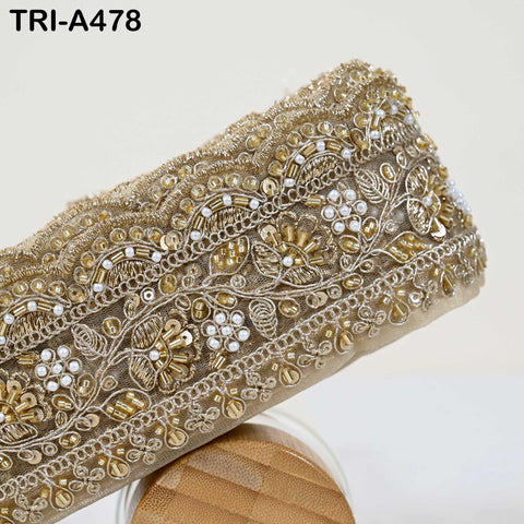 1 Meter Champagne Indian Beaded Trim Ribbon – Gold Zari Embroidery Sari Border (3 inches)