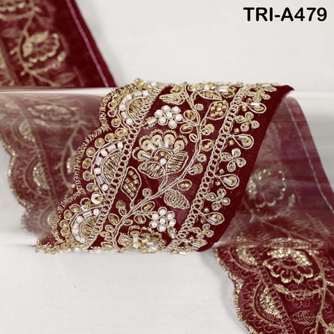 1 Meter Maroon Indian Beaded Trim Ribbon – Gold Zari Embroidery Sari Border (3 inches)