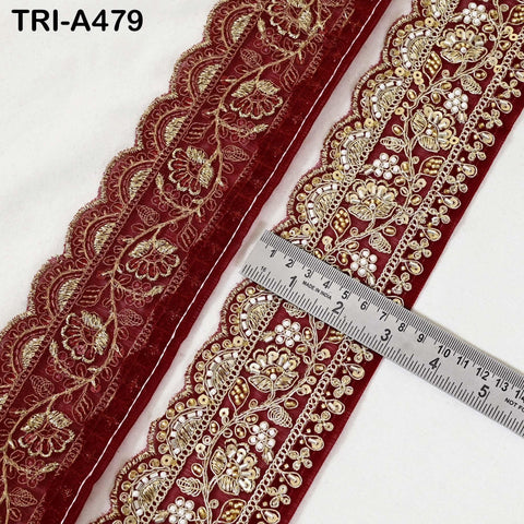 1 Meter Maroon Indian Beaded Trim Ribbon – Gold Zari Embroidery Sari Border (3 inches)