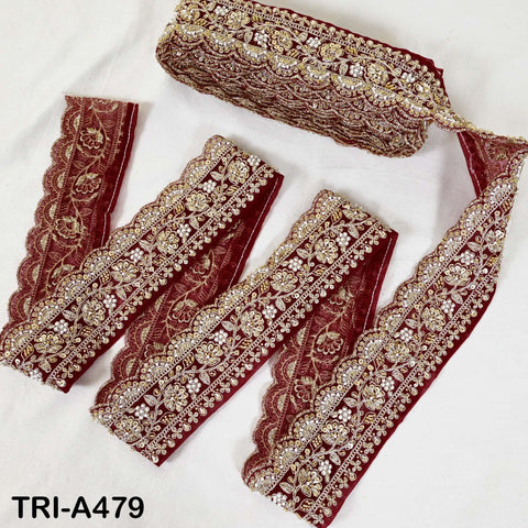 1 Meter Maroon Indian Beaded Trim Ribbon – Gold Zari Embroidery Sari Border (3 inches)