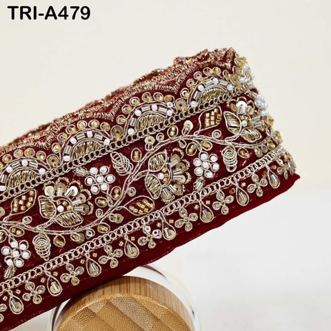 1 Meter Maroon Indian Beaded Trim Ribbon – Gold Zari Embroidery Sari Border (3 inches)
