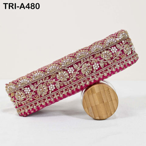 1 Meter Magenta Indian Beaded Trim Ribbon – Gold Zari Embroidery Sari Border (3 inches)