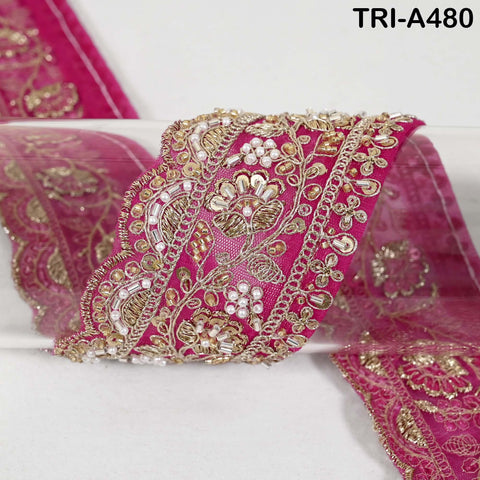 1 Meter Magenta Indian Beaded Trim Ribbon – Gold Zari Embroidery Sari Border (3 inches)
