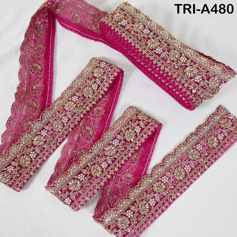 1 Meter Magenta Indian Beaded Trim Ribbon – Gold Zari Embroidery Sari Border (3 inches)