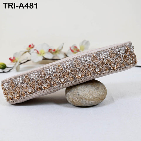 1 Meter Rose Gold Beaded Trim Ribbon: Indian Sari Border, Craft Embellishment (5cm Wide)