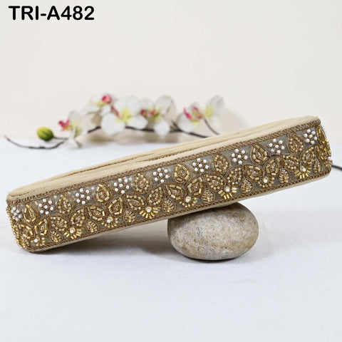 1 Meter Antique Gold Beaded Trim Ribbon: Indian Sari Border, Craft Embellishment (5cm Wide)