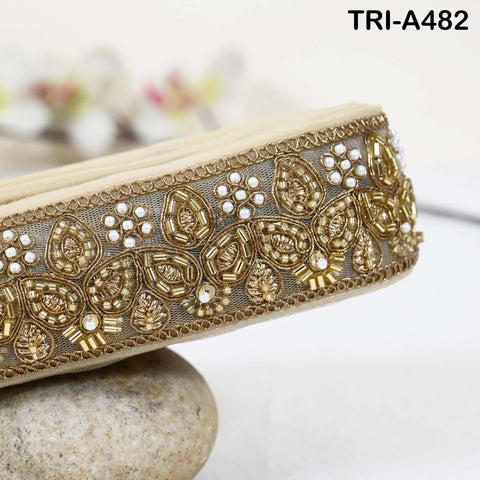 1 Meter Antique Gold Beaded Trim Ribbon: Indian Sari Border, Craft Embellishment (5cm Wide)