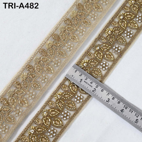 1 Meter Antique Gold Beaded Trim Ribbon: Indian Sari Border, Craft Embellishment (5cm Wide)