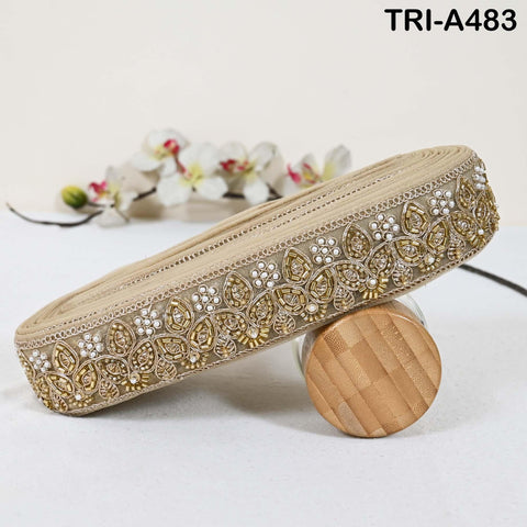 1 Meter Gold Beaded Trim Ribbon: Indian Sari Border, Craft Embellishment (5cm Wide)