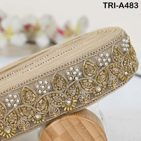 1 Meter Gold Beaded Trim Ribbon: Indian Sari Border, Craft Embellishment (5cm Wide)