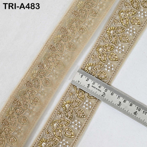 1 Meter Gold Beaded Trim Ribbon: Indian Sari Border, Craft Embellishment (5cm Wide)