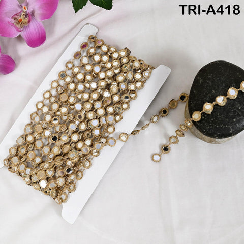 9 yard Gold Mirror Work Lace Trim, Round Sheesha Mirror Border, Indian Mirror Trim for Saree, Dupatta, Lehenga, Sewing & DIY Crafts