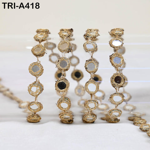 9 yard Gold Mirror Work Lace Trim, Round Sheesha Mirror Border, Indian Mirror Trim for Saree, Dupatta, Lehenga, Sewing & DIY Crafts