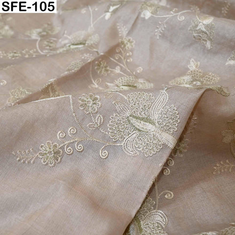 Pure Tussar Silk Embroidered Fabric: Ivory Gold Floral Design, Handwoven Dress Material