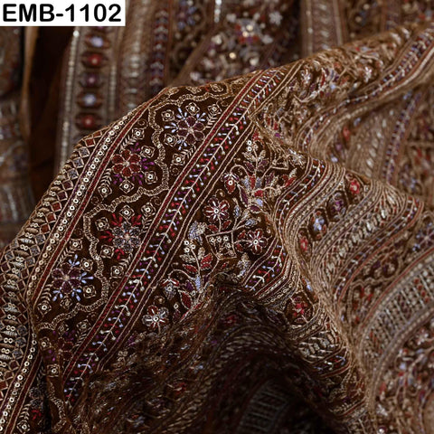 Brown Embroidered Velvet Fabric by the Yard | Indian Floral Bridal Couture (1 Yard)