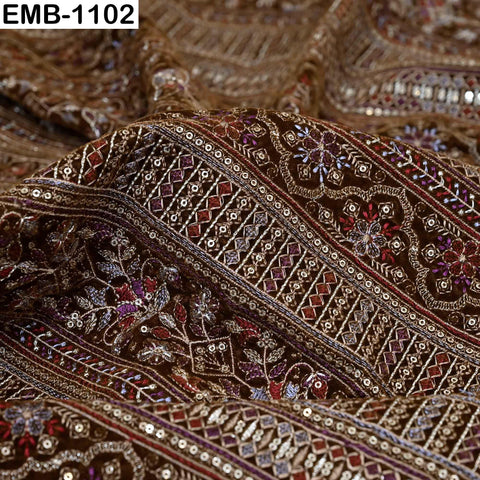Brown Embroidered Velvet Fabric by the Yard | Indian Floral Bridal Couture (1 Yard)