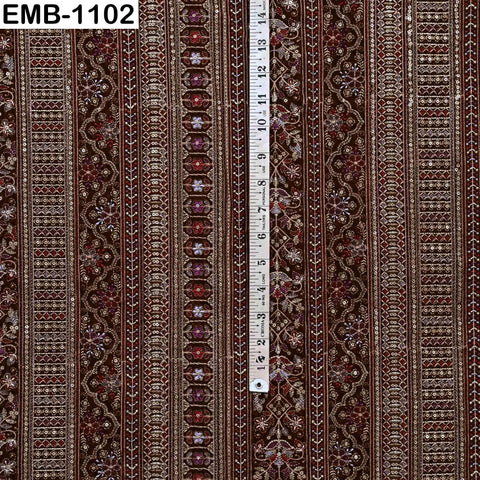 Brown Embroidered Velvet Fabric by the Yard | Indian Floral Bridal Couture (1 Yard)