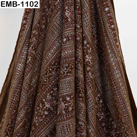 Brown Embroidered Velvet Fabric by the Yard | Indian Floral Bridal Couture (1 Yard)