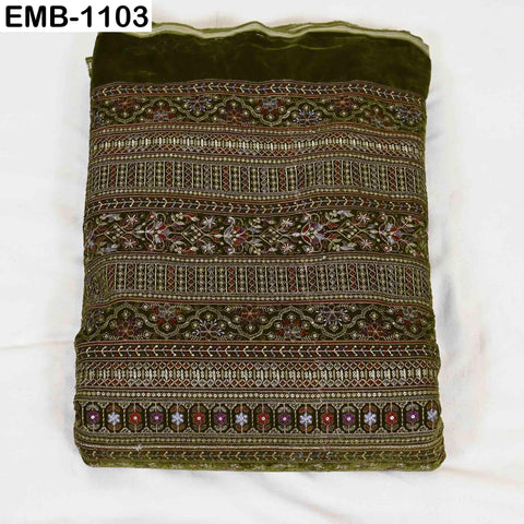 Olive Green Embroidered Velvet Fabric by the Yard | Indian Floral Bridal Couture (1 Yard)