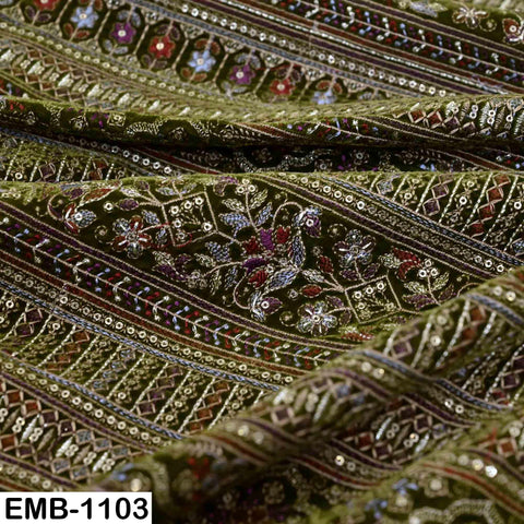 Olive Green Embroidered Velvet Fabric by the Yard | Indian Floral Bridal Couture (1 Yard)