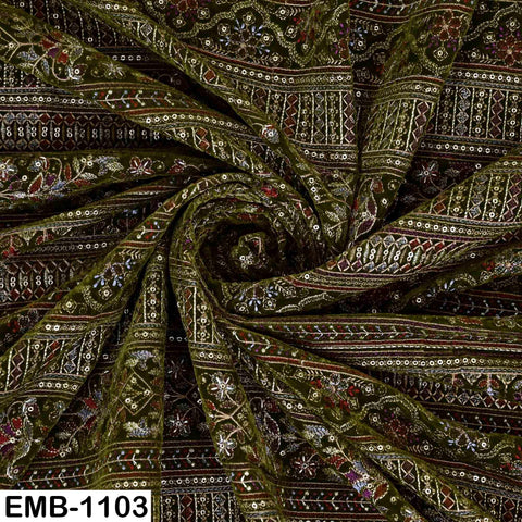 Olive Green Embroidered Velvet Fabric by the Yard | Indian Floral Bridal Couture (1 Yard)