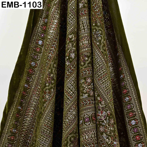Olive Green Embroidered Velvet Fabric by the Yard | Indian Floral Bridal Couture (1 Yard)