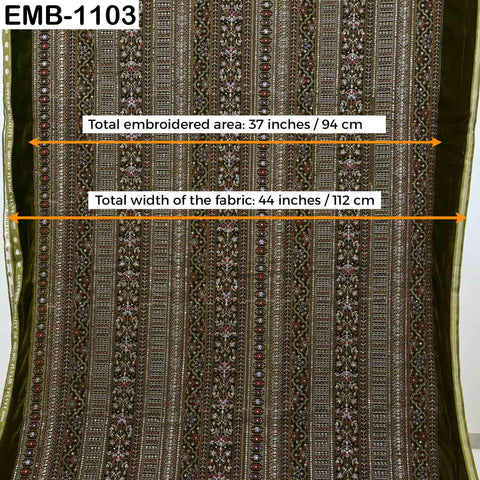 Olive Green Embroidered Velvet Fabric by the Yard | Indian Floral Bridal Couture (1 Yard)