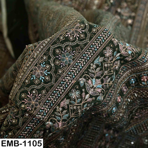 Pale Green Embroidered Velvet Fabric by the Yard | Indian Floral Bridal Couture (1 Yard)