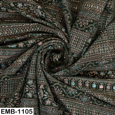 Pale Green Embroidered Velvet Fabric by the Yard | Indian Floral Bridal Couture (1 Yard)