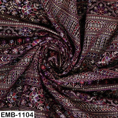 Maroon Embroidered Velvet Fabric by the Yard | Indian Floral Bridal Couture (1 Yard)