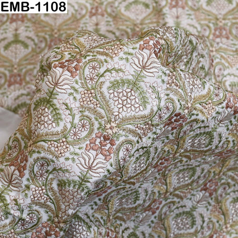 Indian Embroidered Fabric by Yard: Peach, Ivory, Pista Green Viscose
