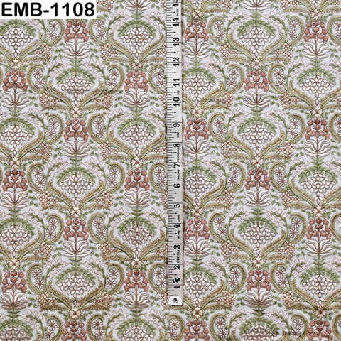 Indian Embroidered Fabric by Yard: Peach, Ivory, Pista Green Viscose