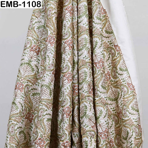 Indian Embroidered Fabric by Yard: Peach, Ivory, Pista Green Viscose
