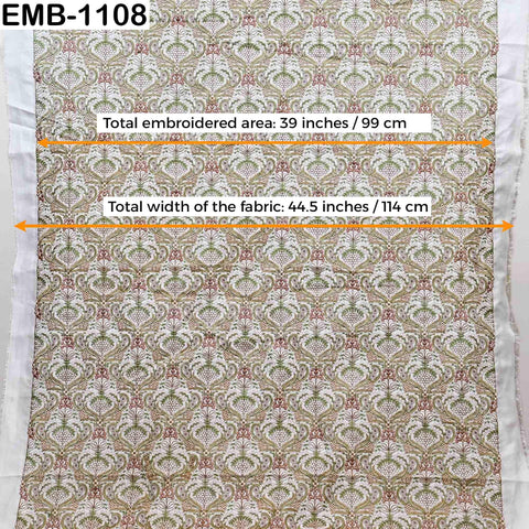 Indian Embroidered Fabric by Yard: Peach, Ivory, Pista Green Viscose