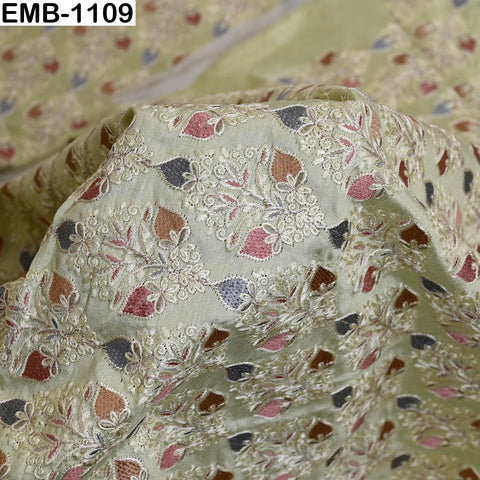 Lime Green Embroidered Viscose Dupioni Fabric by the Yard (44" Width)