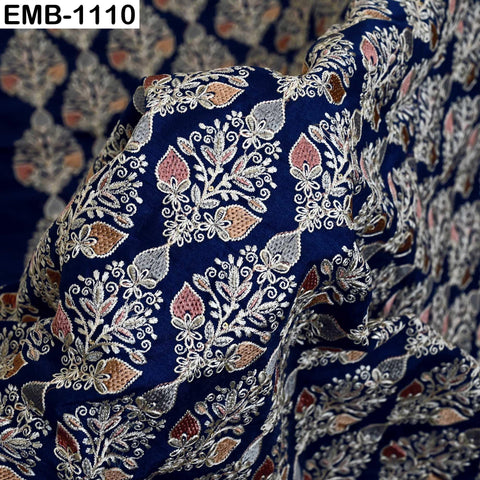 Navy Blue Indian Embroidered Viscose Dupioni Fabric by the Yard (44" Width)