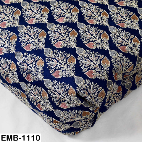 Navy Blue Indian Embroidered Viscose Dupioni Fabric by the Yard (44" Width)