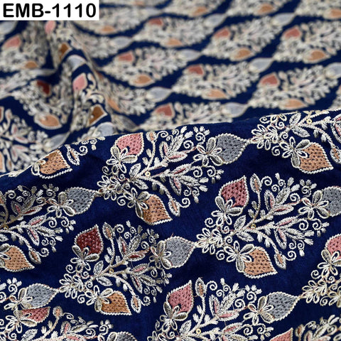 Navy Blue Indian Embroidered Viscose Dupioni Fabric by the Yard (44" Width)
