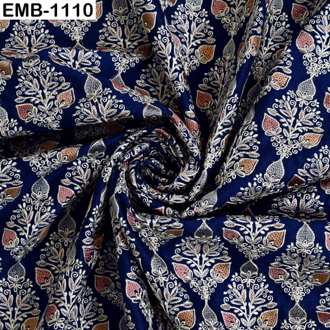 Navy Blue Indian Embroidered Viscose Dupioni Fabric by the Yard (44" Width)