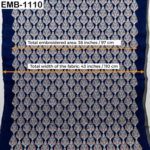 Navy Blue Indian Embroidered Viscose Dupioni Fabric by the Yard (44" Width)