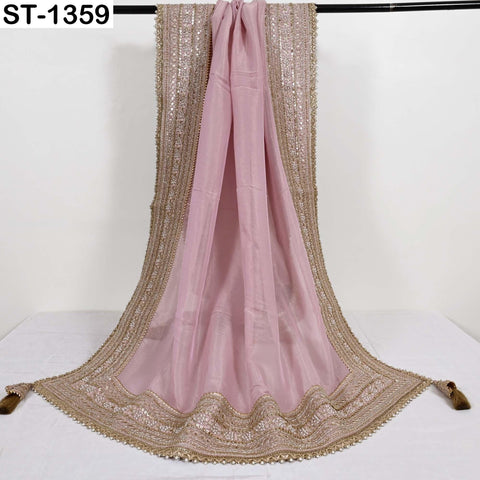 Embroidered Silk Tissue Organza Dupatta: Pink Gold Bridal Wedding Veil Scarf