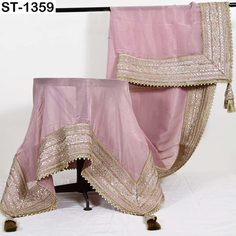 Embroidered Silk Tissue Organza Dupatta: Pink Gold Bridal Wedding Veil Scarf