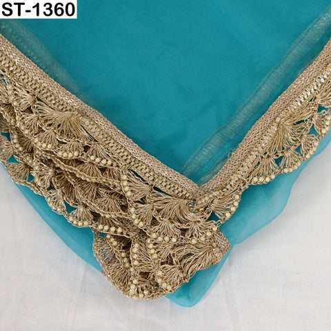 Turquoise Silk Organza Dupatta – Gold Embroidered Lace Border, 2.5yd Bridal Scarf