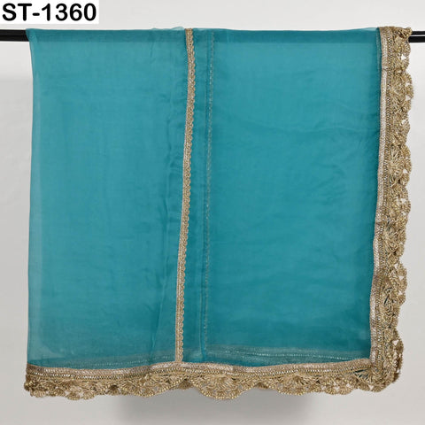 Turquoise Silk Organza Dupatta – Gold Embroidered Lace Border, 2.5yd Bridal Scarf