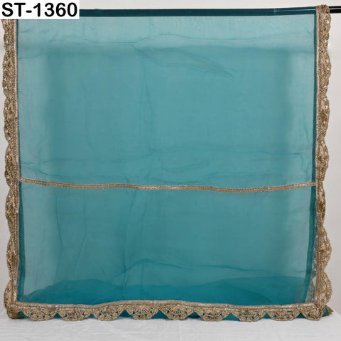 Turquoise Silk Organza Dupatta – Gold Embroidered Lace Border, 2.5yd Bridal Scarf