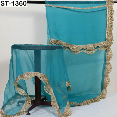Turquoise Silk Organza Dupatta – Gold Embroidered Lace Border, 2.5yd Bridal Scarf