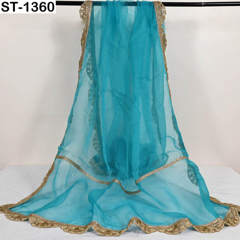 Turquoise Silk Organza Dupatta – Gold Embroidered Lace Border, 2.5yd Bridal Scarf