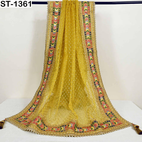Yellow Organza Dupatta with Gold Beads, Sequins, Embroidery (2.5 Yard)