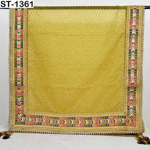 Yellow Organza Dupatta with Gold Beads, Sequins, Embroidery (2.5 Yard)