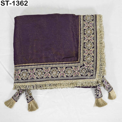 Embroidered Silk Tissue Organza Dupatta: Purple Gold Bridal Wedding Veil Scarf